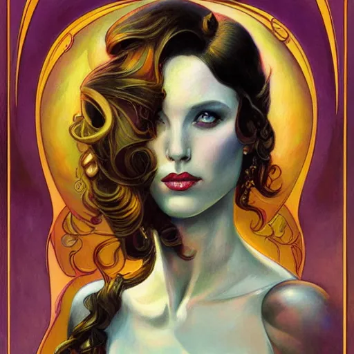 Prompt: an art nouveau streamline moderne portrait in the style of donato giancola and anna dittmann and charles dulac.