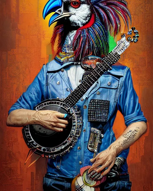 Image similar to a portrait of an anthropomorphic cyberpunk rooster playing a banjo by sandra chevrier, by jon foster, detailed render, tape deck, epic composition, cybernetics, 4 k realistic, cryengine, realistic shaded lighting, sharp focus, masterpiece, by enki bilal