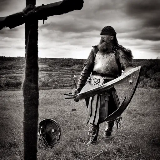 Image similar to viking in war armor working on the flying ancient device, tools and junk on the ground, old village in the distance, vintage old photo, black and white, sepia