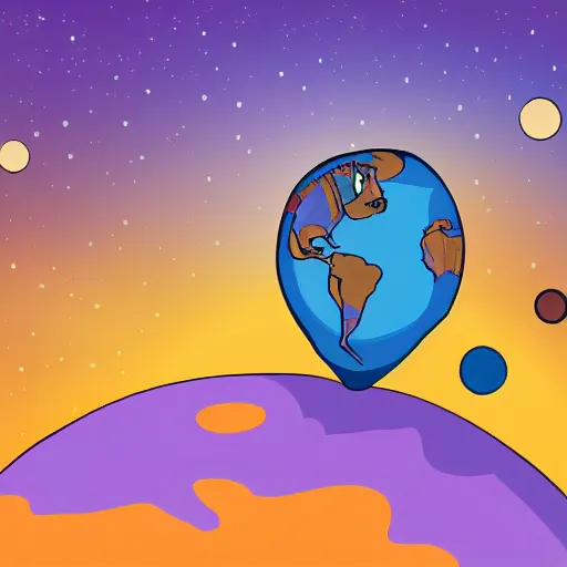 Image similar to cartoon illustration of a bear mascot being launched from a futuristic marble planet, purple and orange cloudland