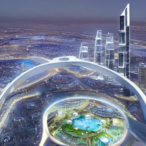 Image similar to giant toilet arch vis of dubai city of the future named toilet land