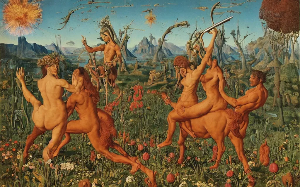 Image similar to a portrait photograph of a meditating satyr and a centaur monk riding a rocket machine and hunting at a river delta. surrounded by bulbous flowers and trees. mountain range under a blue sky of fiery stars. by jan van eyck, max ernst, ernst haeckel, ernst fuchs and artgerm, cgsociety, fashion editorial, 8 k