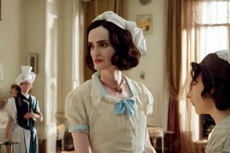 Image similar to mid-shot of Winona Ryder as a maid in the new movie directed by Wes Anderson, symmetrical shot, idiosyncratic, relentlessly detailed, limited colour palette, detailed face, movie still frame, promotional image, imax 70 mm footage