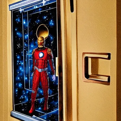 Prompt: golden ratio, photo realism, space astronaut opening door that shows space and time created by stan lee with extra detail, epic.