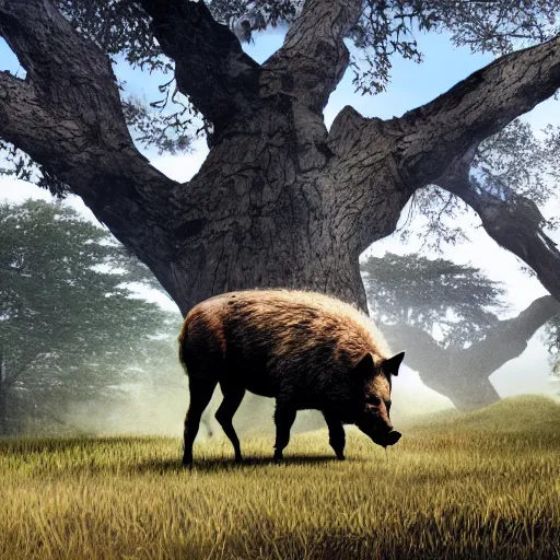 Prompt: behind a clump of trees, is a huge boar with the head of a wolf, concept art,
