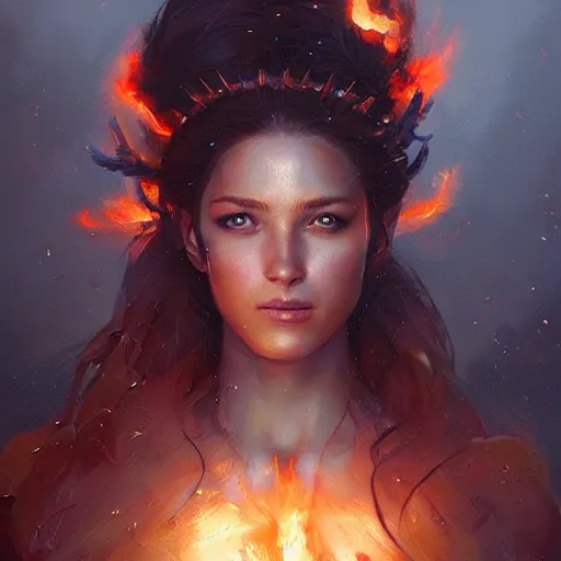 Prompt: a beautiful portrait of a fire goddess, a detailed painting by greg rutkowski and raymond swanland, featured on cgsociety, fantasy art, detailed painting, artstation hd, photorealistic, flaming background