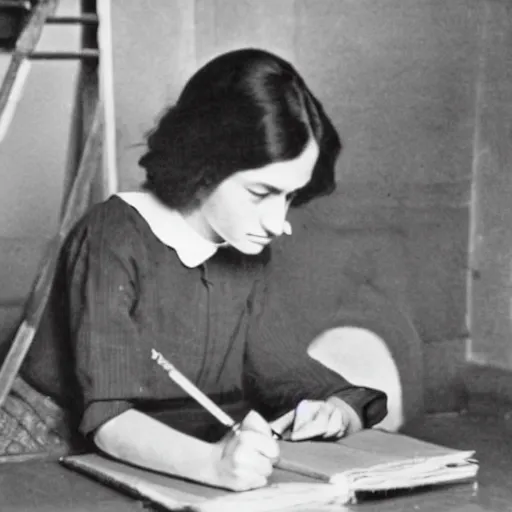 Image similar to Photograph of Anne frank writing in her diary in the attic