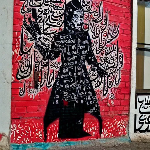 Image similar to arabic calligraphy, transylvanian folk art, in the style of graffiti, made by banksy