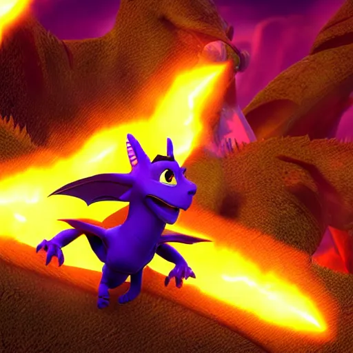 Image similar to cinematic portrait of Spyro the Dragon breathing fire