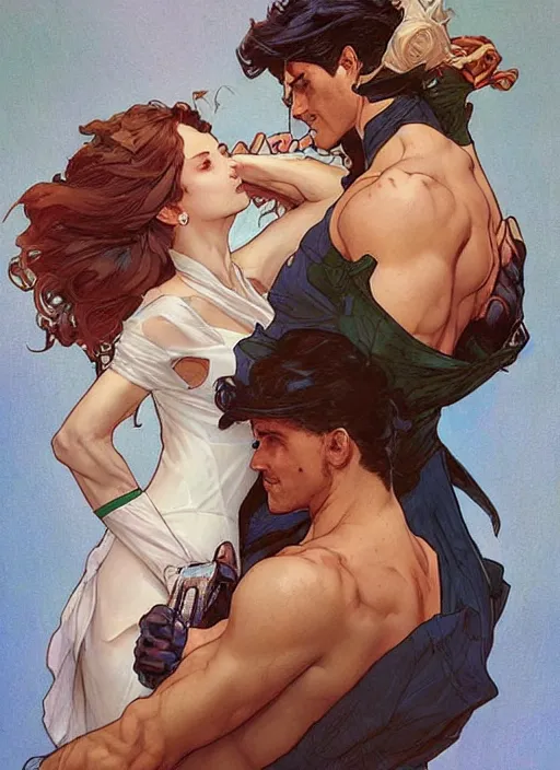 Image similar to a couple, a handsome man and a beautiful woman. they are dressed as superheroes. clean elegant painting, beautiful detailed face. by artgerm and greg rutkowski and alphonse mucha