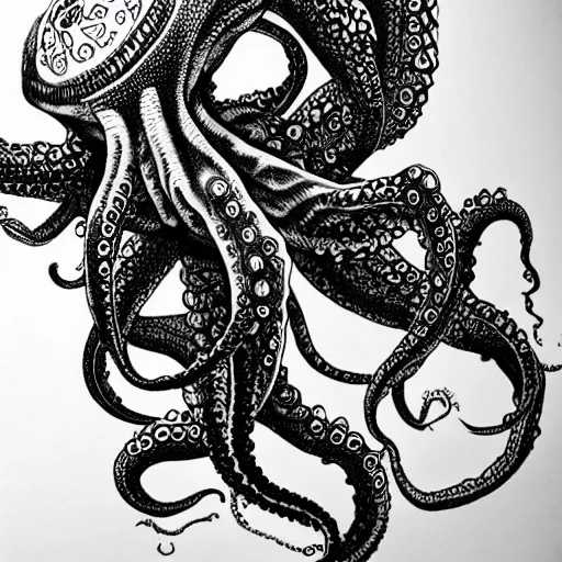 Image similar to black ink on paper, alien octopus, trending on artstation, beautiful, intricate, detailed