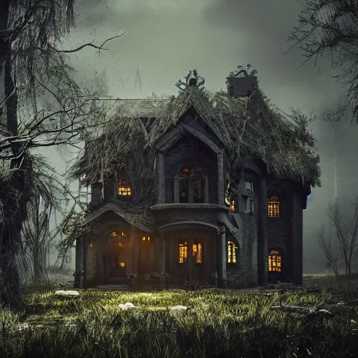 Prompt: a goth, macabre house [ sitting in the middle of a swamp ]!, gothic, fantasy style, 3 d render digital painting rich unreal engine 4 k 4 k trending on behance photorealistic award winning