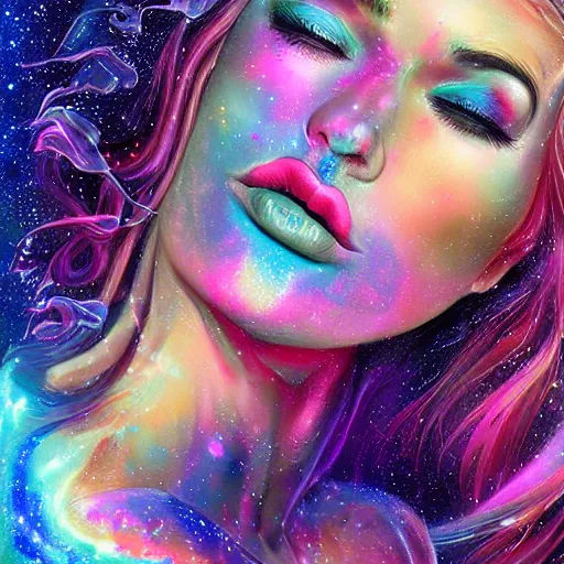 Image similar to a galaxy colored psychedelic chakra awakening kundalini ethereal portrait of kim petras with her eyes closed transcending to a higher plane of existence, eternal blessing, multiverse, by android jones, by ben ridgeway, visionary art, by artgerm, featured on artstation, cgsociety, by greg rutkowski