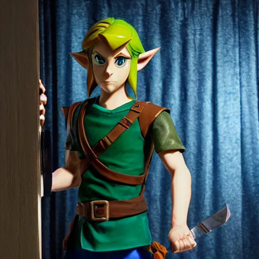 Prompt: link from the Legend Of Zelda standing in a weird pose in the corner of a horror movie set.
