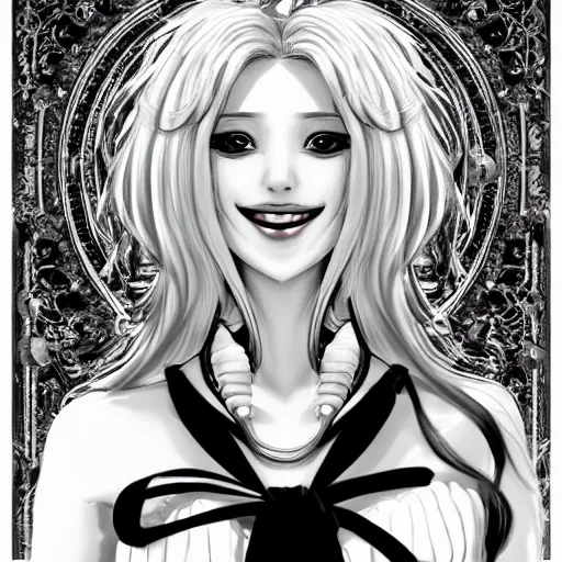 Image similar to a woman smiling, baroque style, black and white, elegant, beautiful, mesmerizing, concept art, fancy clothing, highly detailed, artstation, behance, deviantart, inspired by innocent manga, trending, shinichi sakamoto