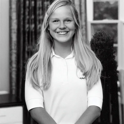 Prompt: A teenage girl cheerleader, long blond hair, standing in the Oval Office, grinning, as president of the united states, colour, official photo portrait