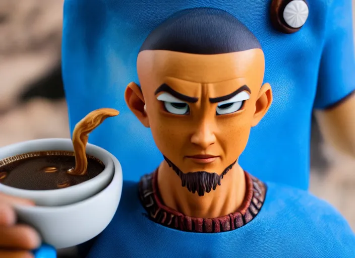 Image similar to real life avatar aang waterbending coffee out of his cup. highly detailed 8 k. intricate. lifelike. soft light. sony a 7 r iv 5 5 mm. cinematic post - processing