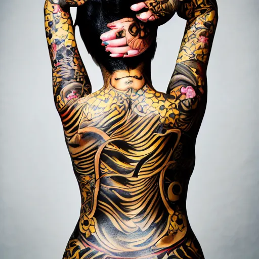 Image similar to photography of the back of a woman with a black detailed irezumi tatto representing a gold tiger with pink flowers on her entire back, mid-shot, editorial photography