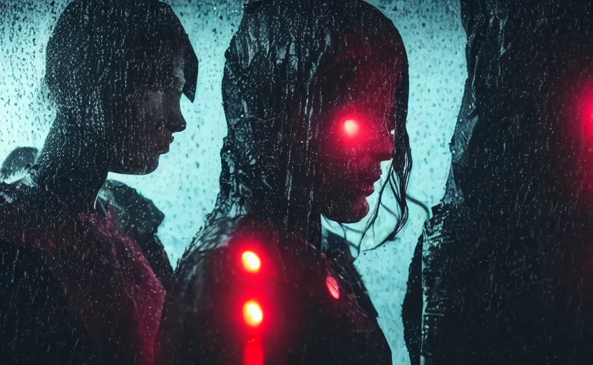 Image similar to cinestill 5 0 d candid photographic portrait by christopher nolan of two loving female androids wearing rugged black mesh techwear in treacherous waters, extreme closeup, modern cyberpunk moody emotional cinematic, pouring rain menacing red spotlight, 8 k, hd, high resolution, 3 5 mm, f / 3 2, ultra realistic faces, ex machina