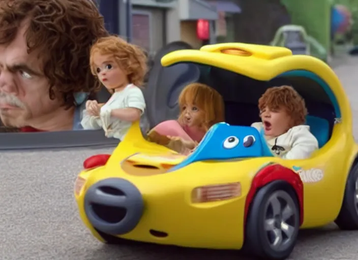 Image similar to peter dinklage and amy adams driving a little tikes cozy coupe, movie still, from the new fast and furious tokyo drift movie, 8 k, realistic