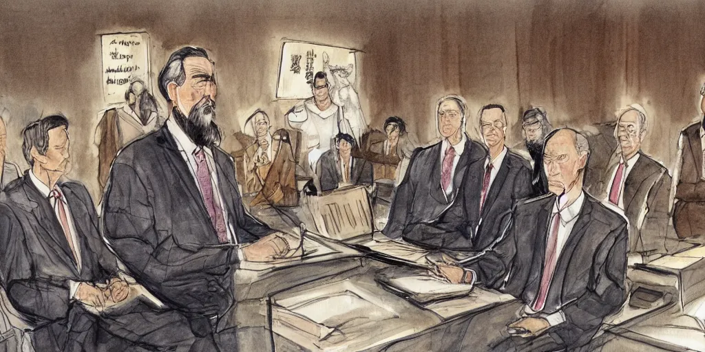 Image similar to Confucius and jury trial, a few suits afar, in the american courtroom sketch by Christine Cornell by Batton Lash by John M. Downs by Leo Hershfield, judge with face of clint eastwood, concept art