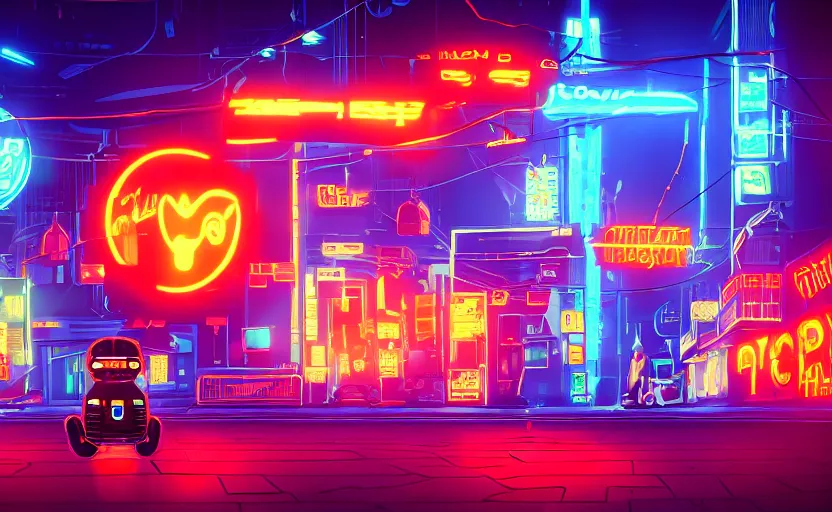 Image similar to Skinny orange cat in cyberpunk with neon signs and robots, very detailed, very photorealistic.