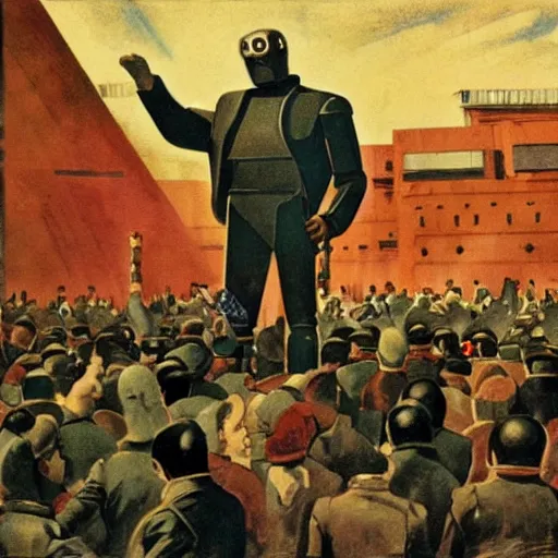 Prompt: robot revolutionary speaking to a crowd of ((((robots)))) amid the backdrop of a cyberpunk city in the socialist realist style of lenin speaking to the red army by isaac brodsky