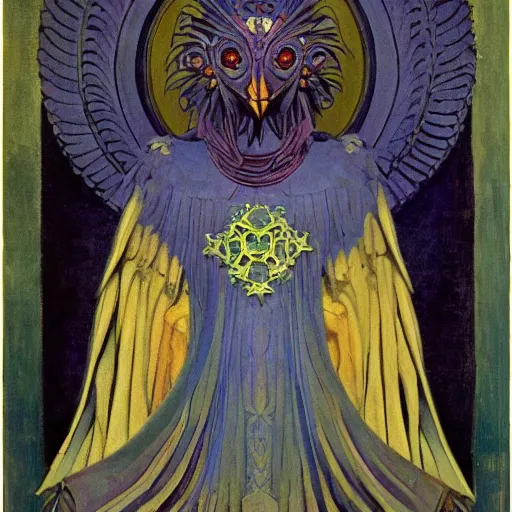 Image similar to coronation of the raven, by Annie Swynnerton and Nicholas Roerich, bioluminescent skin!, elaborate costume, geometric ornament, symbolist, rich colors, dramatic lighting, smooth, sharp focus, extremely detailed