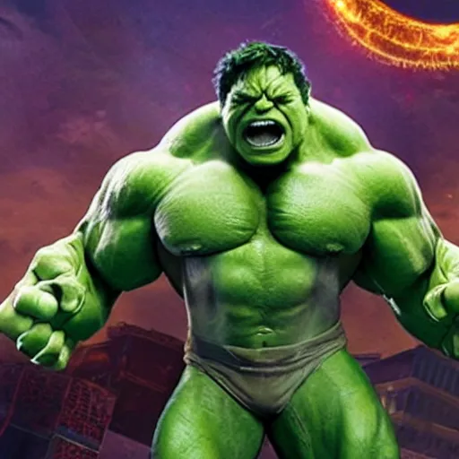 Image similar to a promotional screenshot of Danny Devito playing The Hulk in Avengers: Infinity War