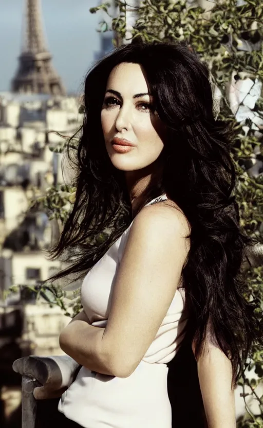 Image similar to portrait of monica bellucci , 3/4 view realistic, detailed, diffuse sunlight, soft lights, bokeh Paris in background