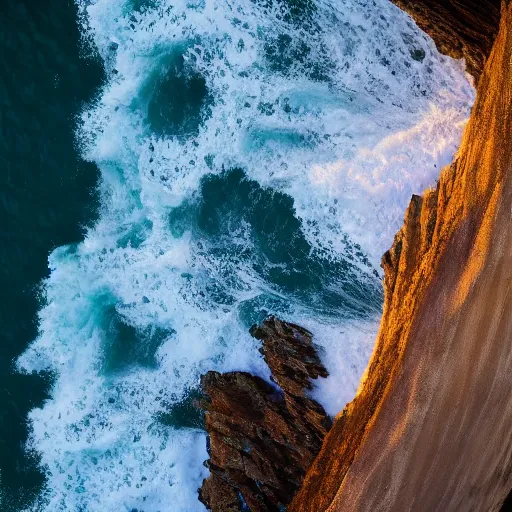 Image similar to waves hitting a cliff, beautiful ambient light, top down drone shot, 8k