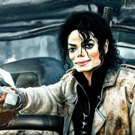 Image similar to michael jackson in mad max fury road