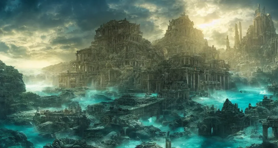Image similar to a magnificent photo of the lost city of Atlantis, underwater, landscape, unbroken, buildings, epic lighting, hyper detailed, 4K