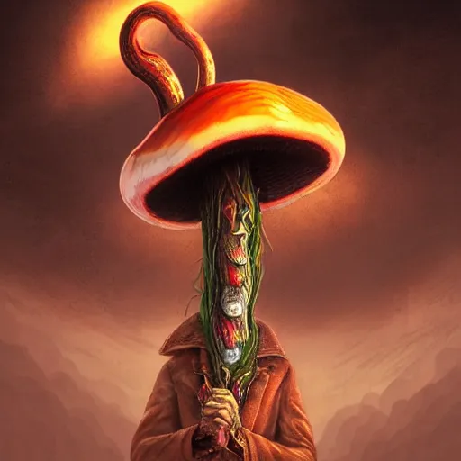 Image similar to A centered chest up portrait of a psychedelic demonic anthropomorphic snake smoking a hand-rolled cigarette smoking heavily , magic mushroom village in background , award winning. superb resolution. in the art style of junji Ito and greg rutkowski . Detailed Mushroom city in background. Hyper realistic anime. Perfect art. Dalle2