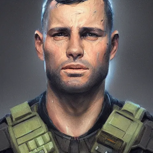 Image similar to portrait of a man by greg rutkowski, a soldier of the galactic alliance, wearing a olive gren and black tactical gear, star wars expanded universe, highly detailed portrait, digital painting, artstation, concept art, smooth, sharp foccus ilustration, artstation hq