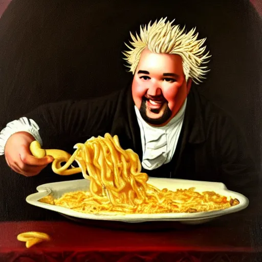 Prompt: an 1 8 th century portrait of guy fieri making a greasy macaroni and cheese sandwich, portrait, royal, oil on canvas