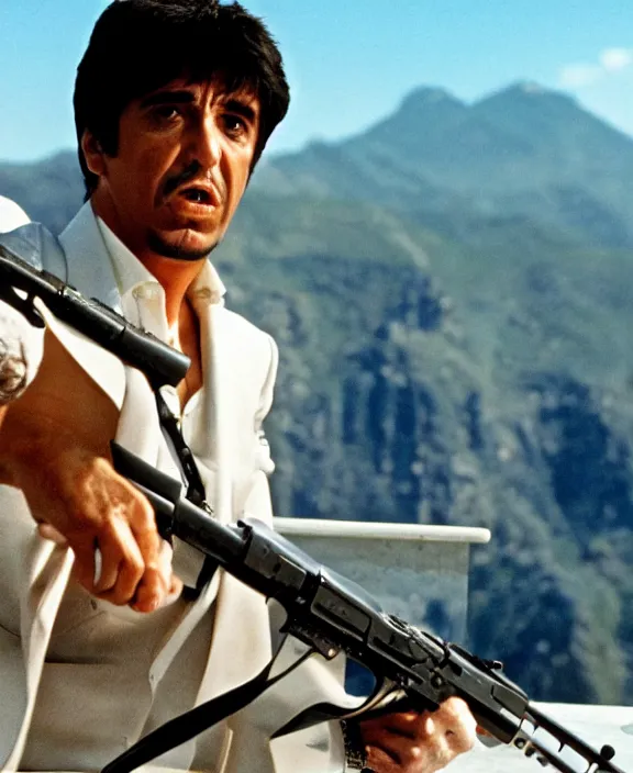 Prompt: extreme long shot. tony montana from movie scarface 1 9 8 3. staying with m 1 6 riffle. table with mountains of cocaine in background. al pacino. perfect symmetric face, coherent eyes, fine details, 4 k, ron cobb. cinestill