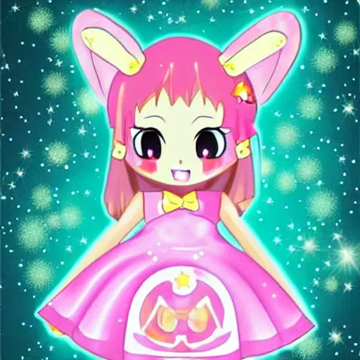 Prompt: usagi chan in a kawaii dress magical girl with star poster background