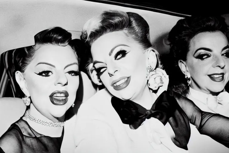 Prompt: lady gaga and judy garland doing carpool karaoke, lady gaga and judy garland, carpool karaoke, lady gaga, judy garland, carpool karaoke, youtube video screenshot, the late late show withjames cordon