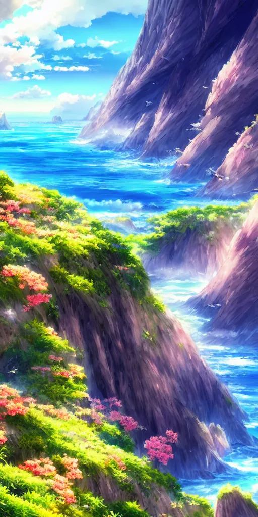 Image similar to A beautiful anime illustration of an ocean coast, cliffs, wildflowers, breathtaking clouds, wide angle, by wu daozi, qiu ying, tang yin, very detailed, deviantart, 4k vertical wallpaper, tropical, colorful, airy, anime illustration, anime nature wallpap