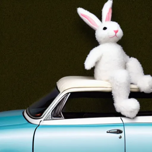 Image similar to easter bunny riding a convertible, studio photo, high quality