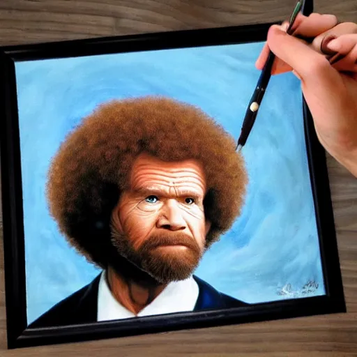 Prompt: angry bob ross frowning and punching trough a painting, real photo, dslr photo, 4 k, intricate.