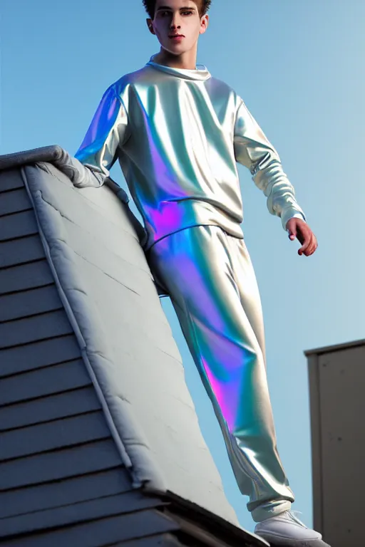 Image similar to un ultra high definition studio quality photographic art portrait of a young man standing on the rooftop of a british apartment building wearing soft baggy inflatable padded silver iridescent pearlescent clothing. three point light. extremely detailed. golden ratio, ray tracing, volumetric light, shallow depth of field. set dressed.