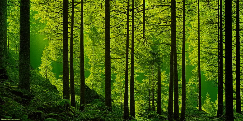 Image similar to lush north european mountainous broadleaf deciduous forest, against light, glare, bright details, contrasting, daylight, highly detailed, by dieter rams 1 9 9 0, national geographic magazine, reportage photo, natural colors