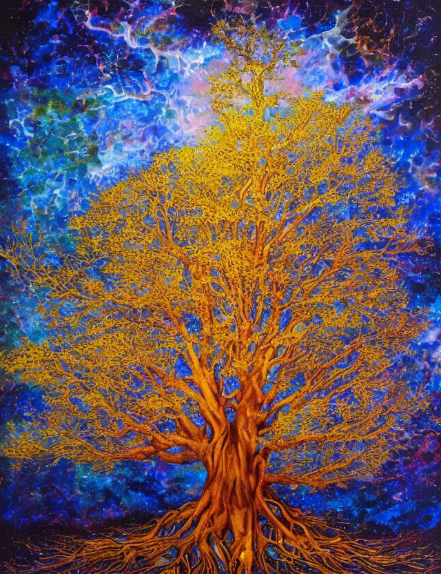 Image similar to tree of knowledge erudite gnostic wisdom, golden boughs and roots, celestial skies and lambent clouds, oil painting award winning, chromatic aberration bright colors