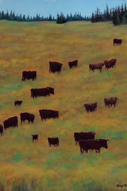 Image similar to bob ross painting of cattle grazing in alberta praries