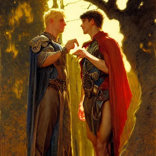 Image similar to attractive arthur pendragon with attractive male merlin the mage. they are in love. highly detailed painting by gaston bussiere, craig mullins, j. c. leyendecker