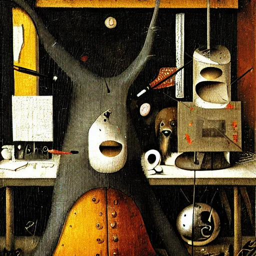 Image similar to anthropomorphic animals working in a cluttered office space by hieronymus bosch, ultra detailed, highly detailed, 8 k, trending on artstation, award - winning art,