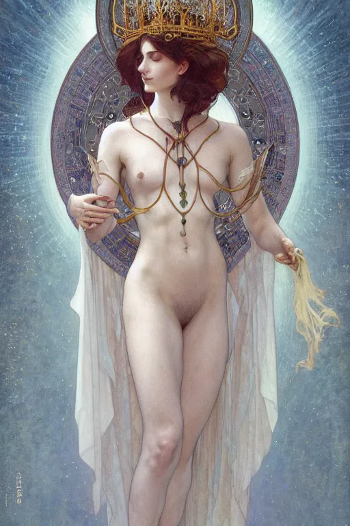 Image similar to a full body portrait of a beautiful ethereal delicate nordic mage queen meditative sacral pose catholic stages of the cross, intricate, elegant, highly detailed, digital painting, artstation, concept art, smooth, sharp focus, illustration, art by krenz cushart and artem demura and alphonse mucha