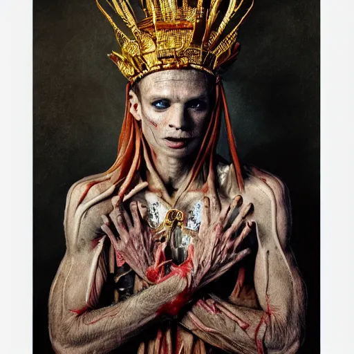 Image similar to portrait of Paimon, one of the kings of hell as human with translucent skin, visible muscles and veins and arteries and bones and spines and nerves, beautiful detailed intricate insanely detailed octane render, 8k artistic photography, photorealistic, chiaroscuro, by David Cronenberg, Raphael, Caravaggio